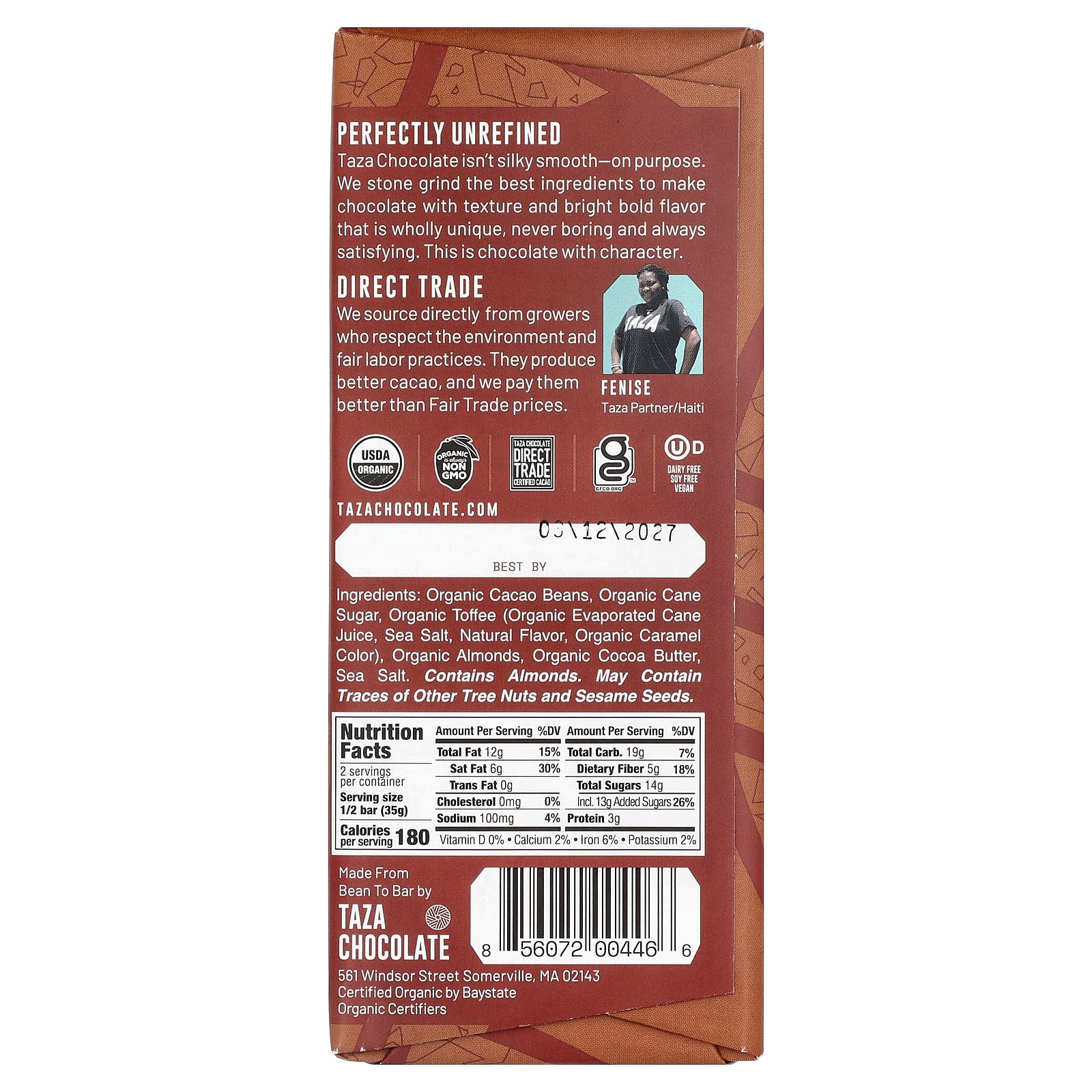 Темный шоколад Taza Chocolate Toffee Almond & Sea Salt, вкус 60% Dark Chocolate, 70 г — фото 2