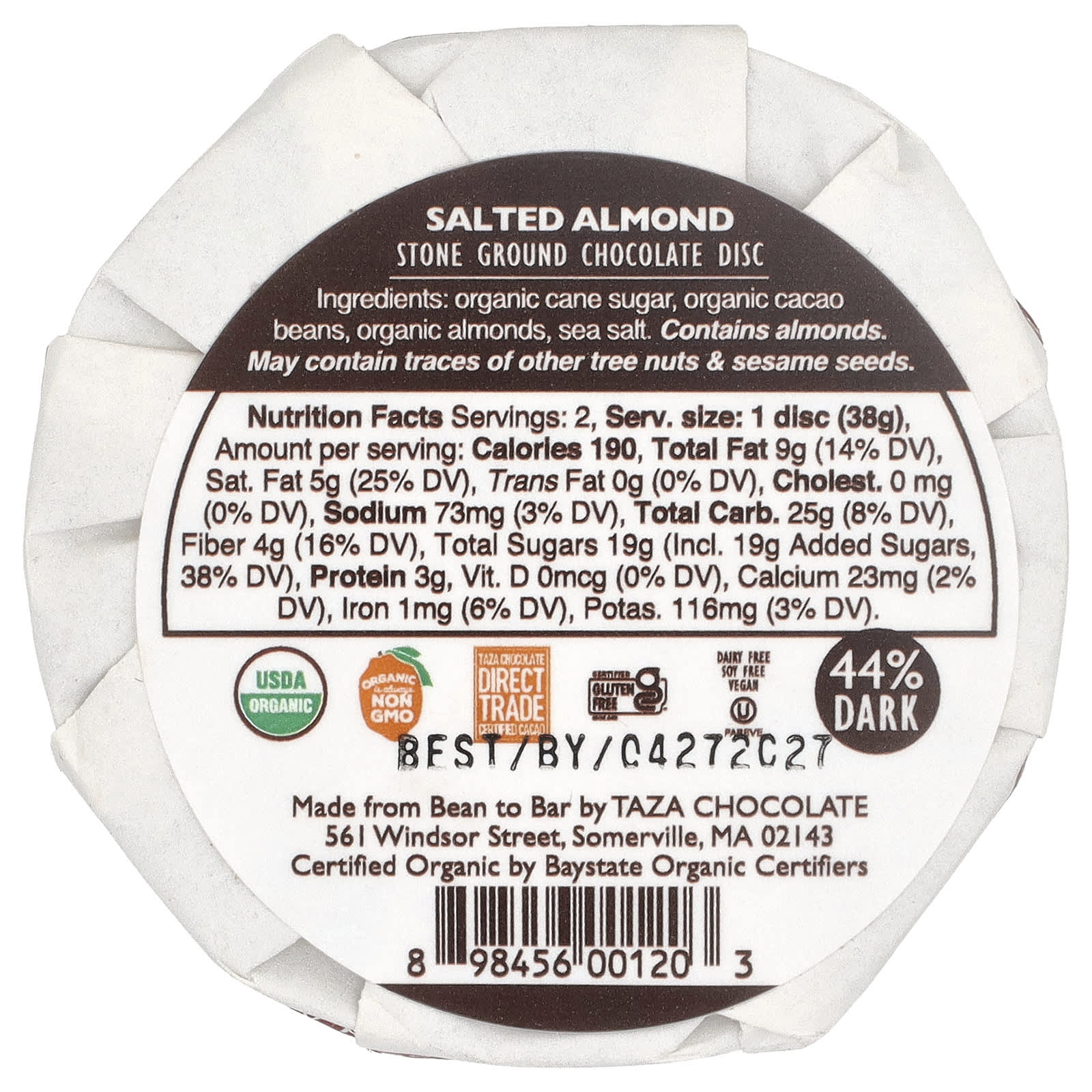 Темный шоколад Taza Chocolate Salted Almond 2 Discs, вкус Dark Chocolate Disc, 77 г — фото 2