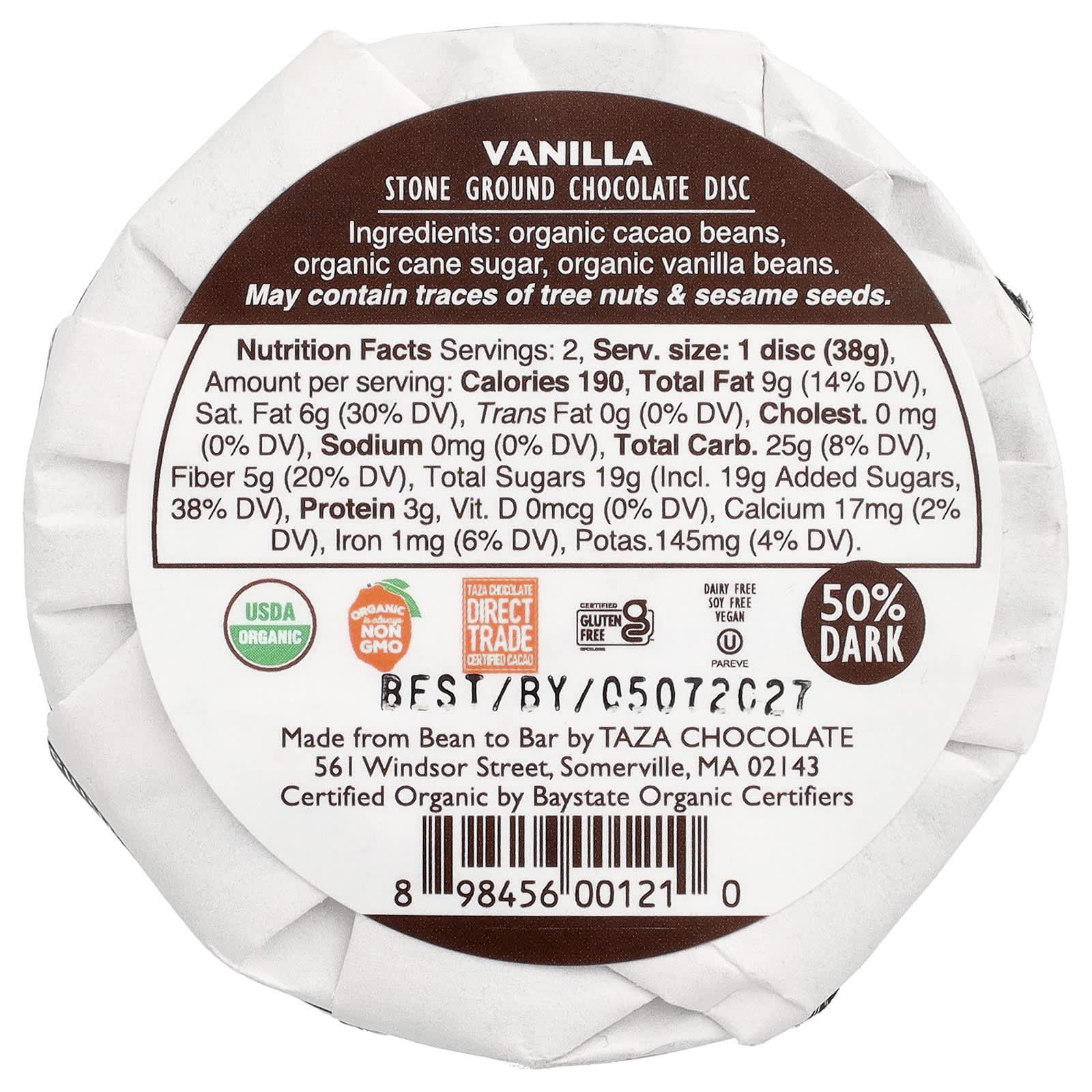 Темный шоколад Taza Chocolate Taza Vanilla 2 Discs, вкус Taza Dark Chocolate, Vanilla, 77 г — фото 2