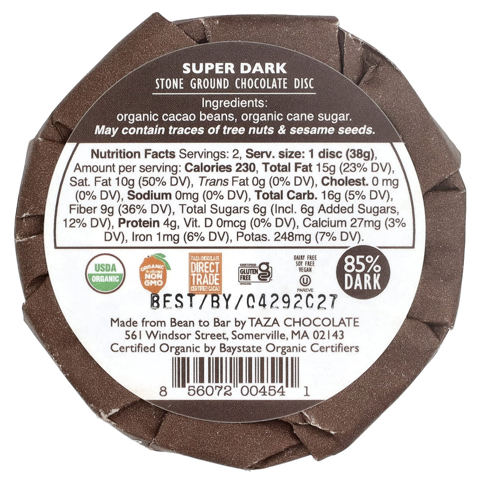 Темный шоколад Taza Chocolate Super Dark 2 Discs, вкус Dark Chocolate Disc, 77 г — фото 2