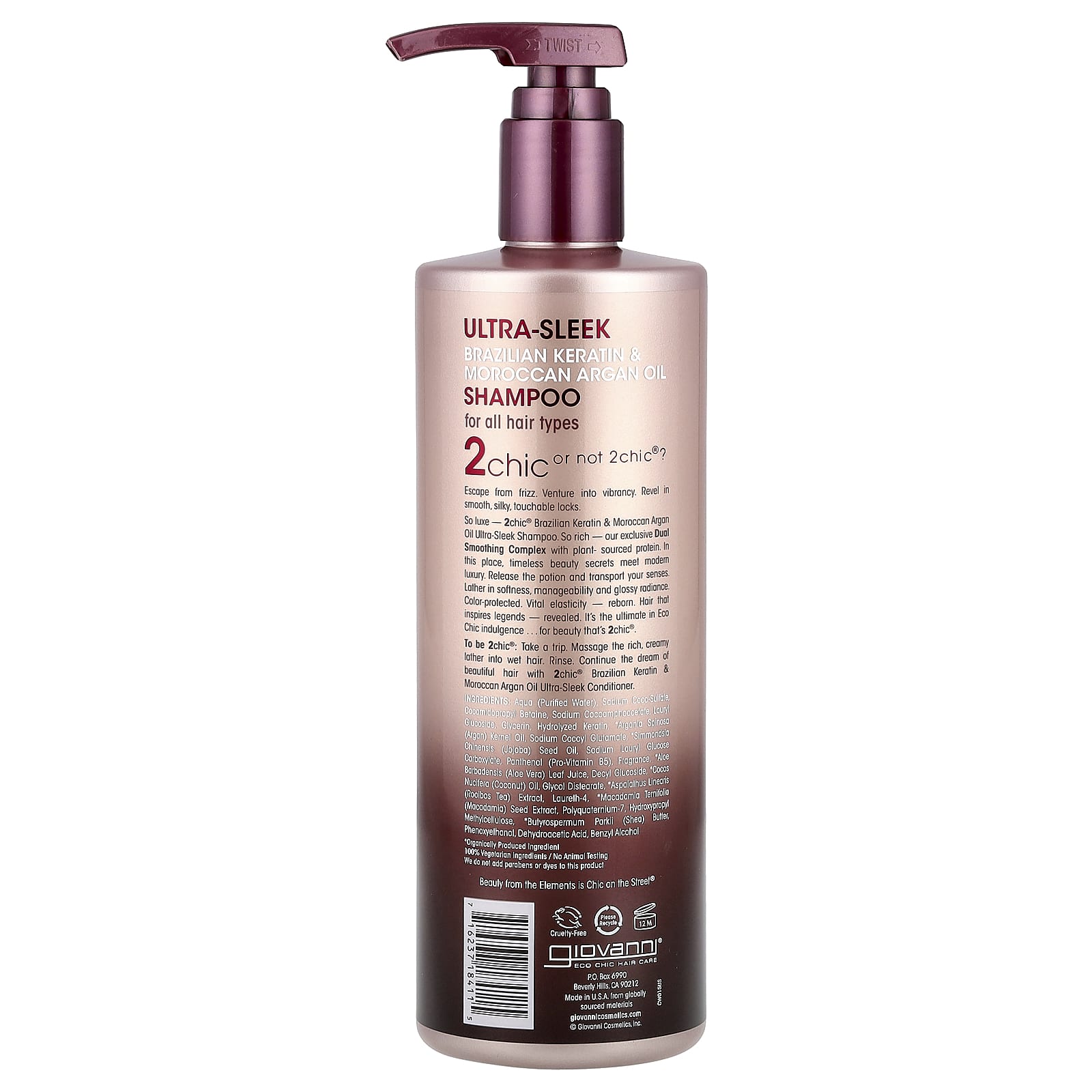 Аргановое масло Giovanni 2chic® Ultra Sleek Shampoo For All Hair Types Brazilian Keratin Moroccan, 710 мл — фото 2