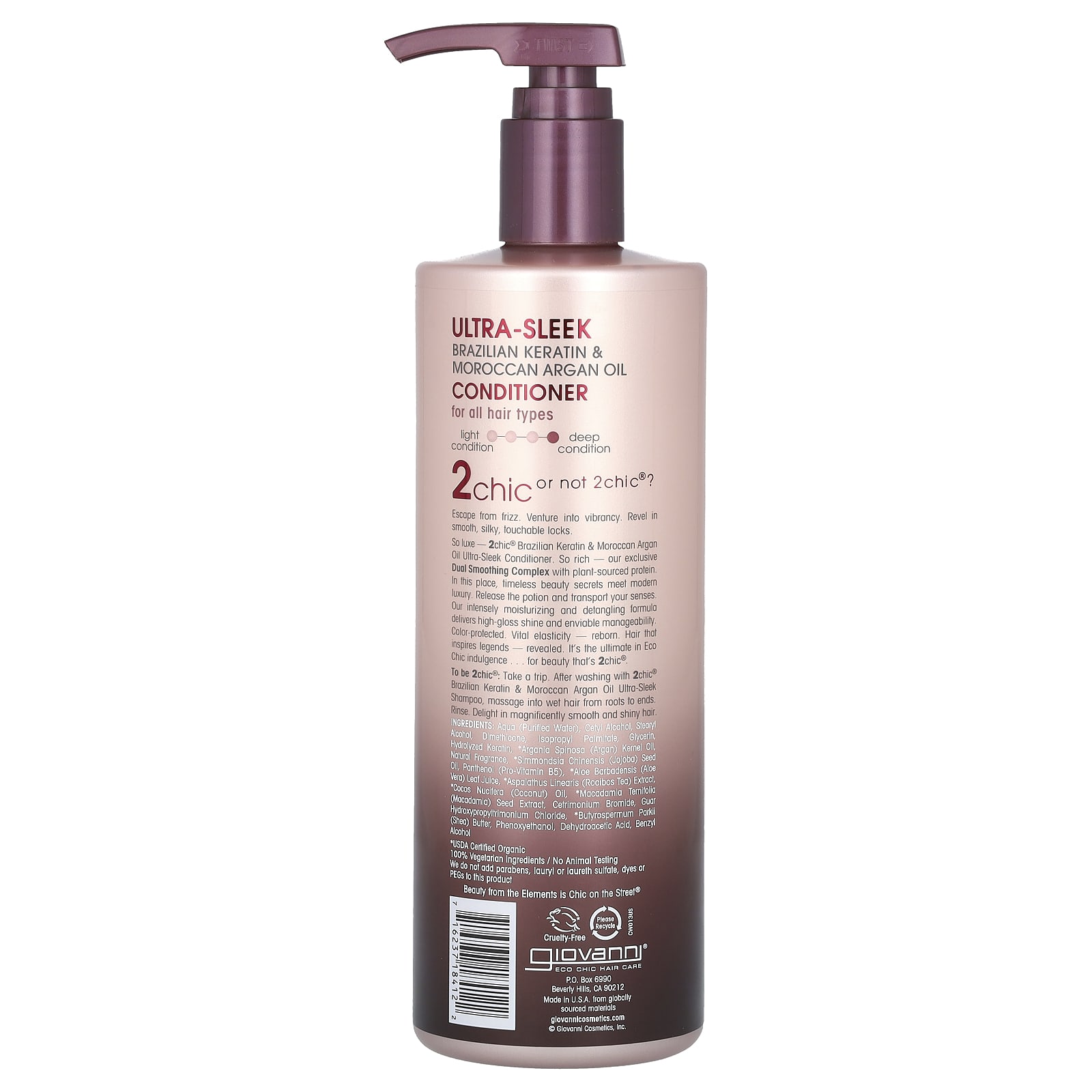 Кондиционер Giovanni 2chic Ultra Sleek For All Hair Types Brazilian Keratin Moroccan Argan Oil, 710 мл, масло — фото 2