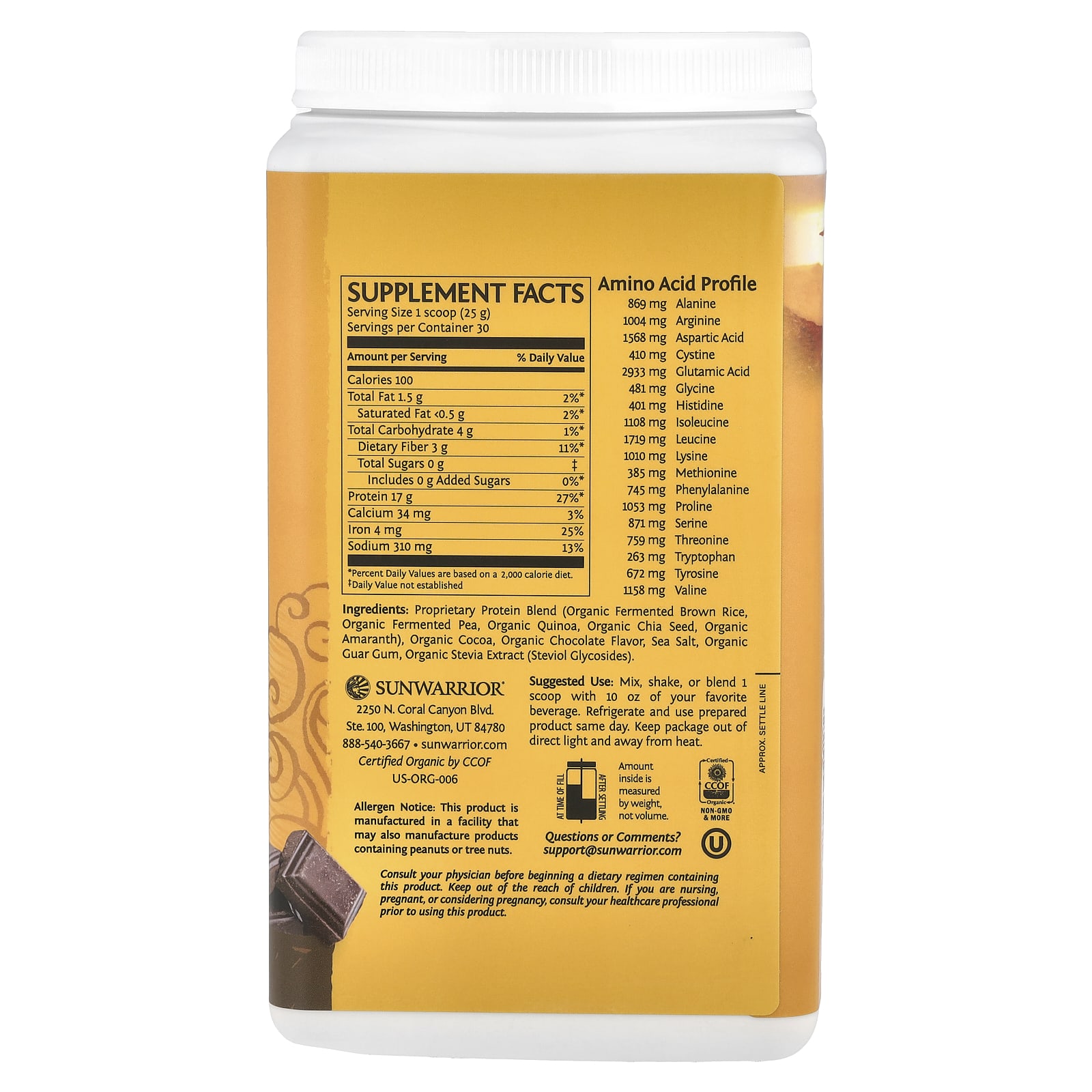 Шоколад Sunwarrior Protein Classic Plus, вкус Chocolate, 750 г, 1. — фото 2