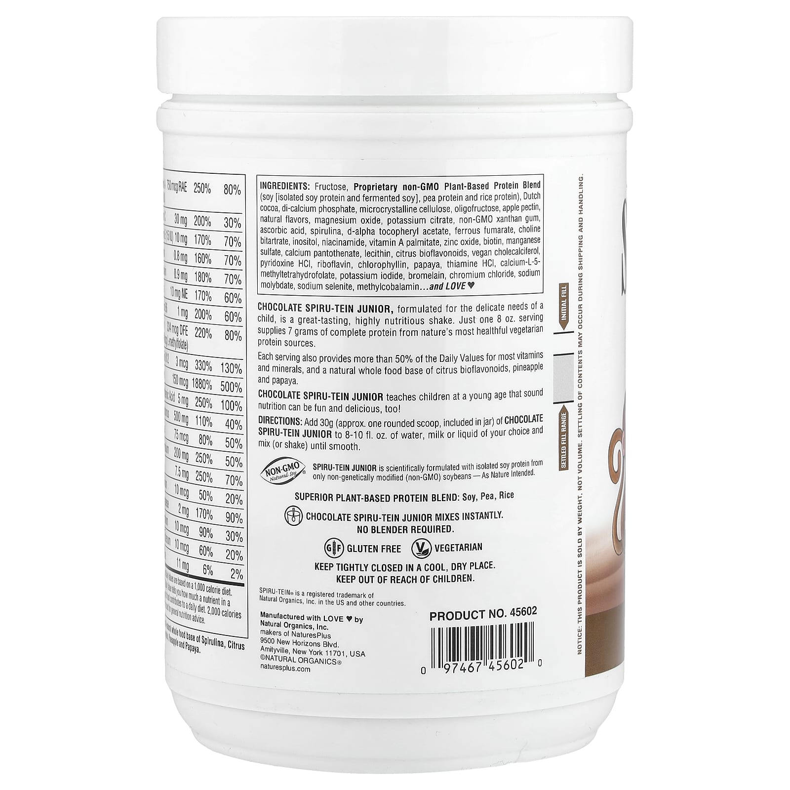 Шоколад NaturesPlus Spiru-Tein® Junior Nutritious Thick Shake Mix For, вкус Chocolate, 450 г — фото 2