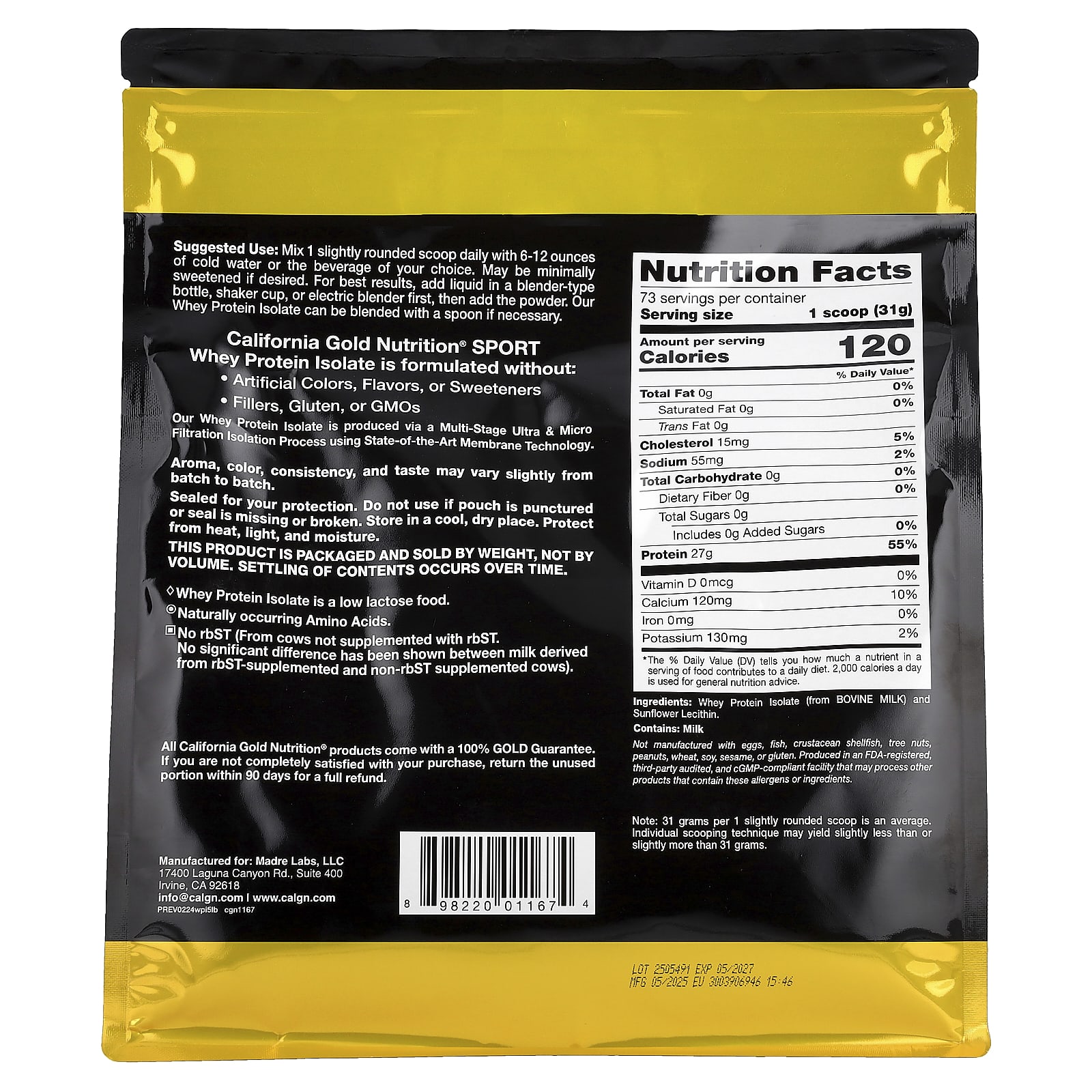 Сывороточный протеин California Gold Nutrition Sport Isolate, без вкуса, 2.27 кг — фото 4