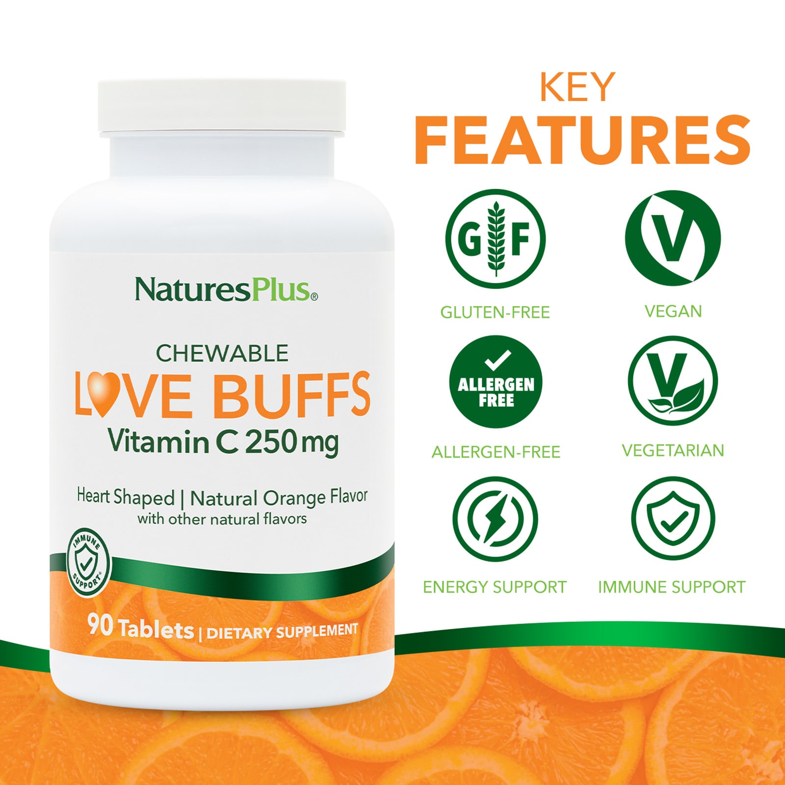 Витамин C NaturesPlus Chewable Love Buffs, вкус Natural Orange, 90 таблеток — фото 3