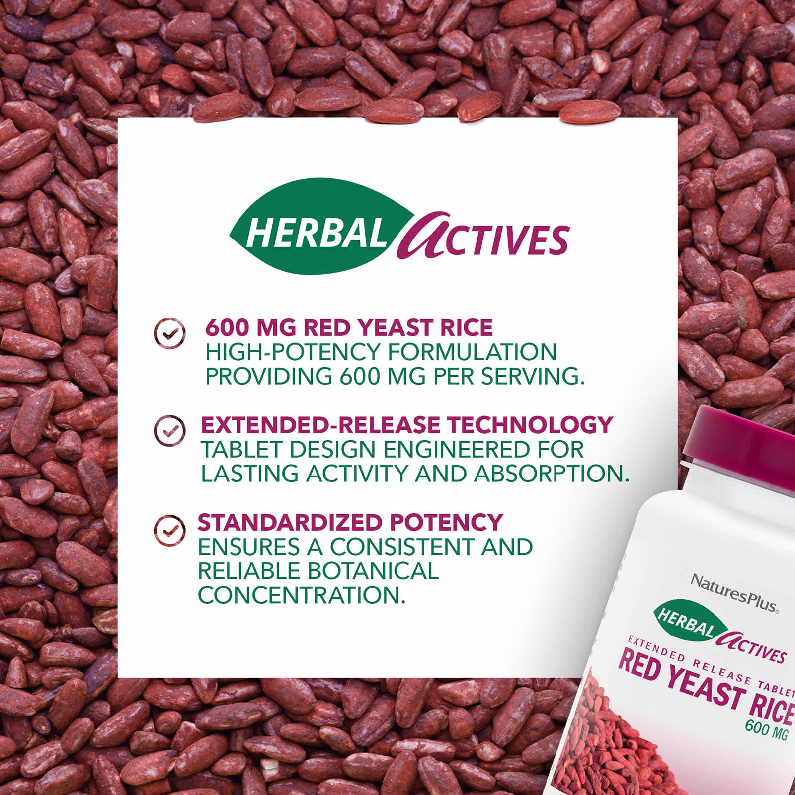 Рис NaturesPlus Herbal Actives Red Yeast, 600 мг, 30 таблеток — фото 3