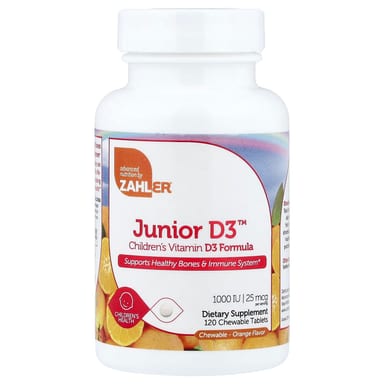 Детский Zahler Junior D3™ Vitamin D3 Formula, вкус Orange, 25 мкг (1000 МЕ), 120 жевательных таблеток