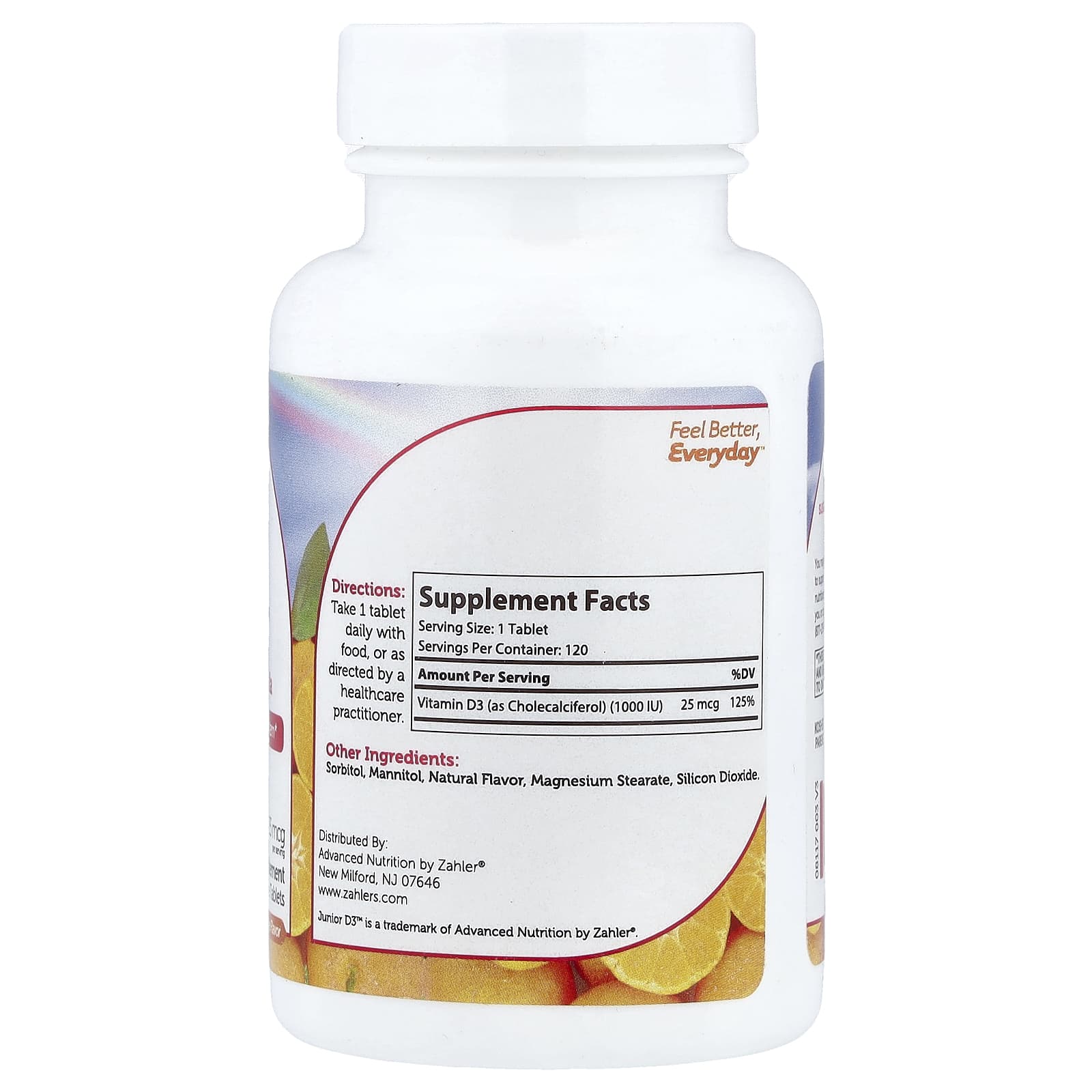 Детский Zahler Junior D3™ Vitamin D3 Formula, вкус Orange, 25 мкг (1000 МЕ), 120 жевательных таблеток — фото 2