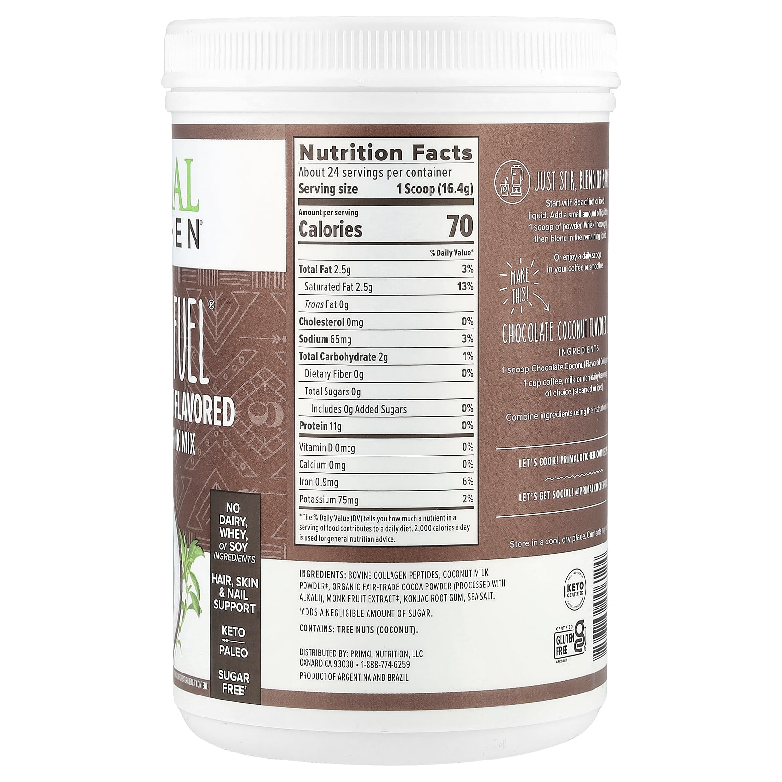 Шоколад Primal Kitchen Collagen Fuel®, вкус Chocolate Coconut, 394 г — фото 2