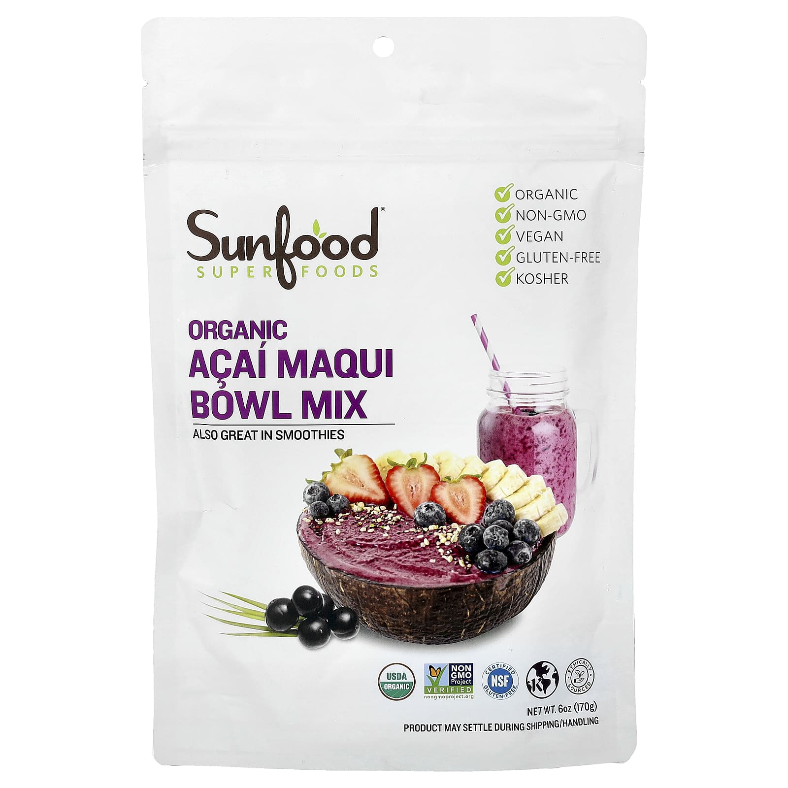 Суперфуды Sunfood, Organic Acai Maqui Bowl Mix, 170 г