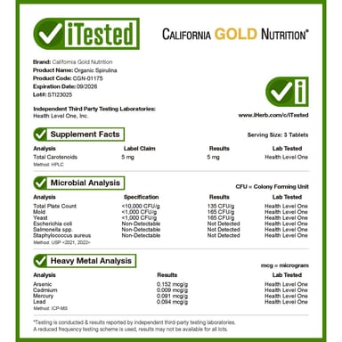 Спирулина California Gold Nutrition Organic, 500 мг, 60 таблеток