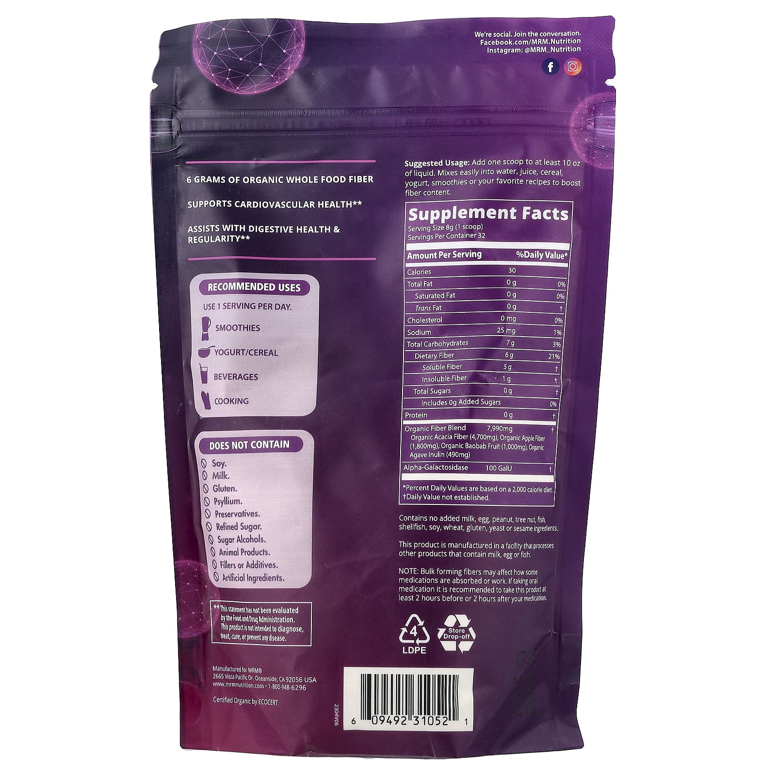 Пребиотик MRM Nutrition Whole Food Organic Fiber with Enzymes and, 256 г — фото 2