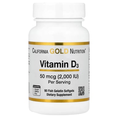 Витамин D3 California Gold Nutrition 90 Fish Gelatin, 50 мкг (2000 МЕ), мягкие капсулы