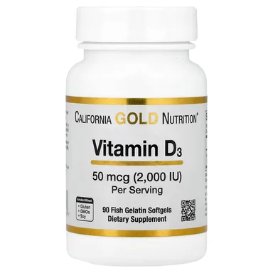 Фото товара: Витамин D3 California Gold Nutrition 90 Fish Gelatin, 50 мкг (2000 МЕ), мягкие капсулы