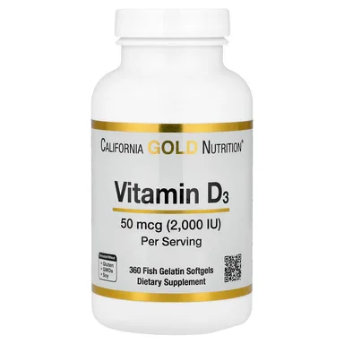 Фото товара: Витамин D3 California Gold Nutrition 360 Fish Gelatin, 50 мкг (2000 МЕ), мягкие капсулы