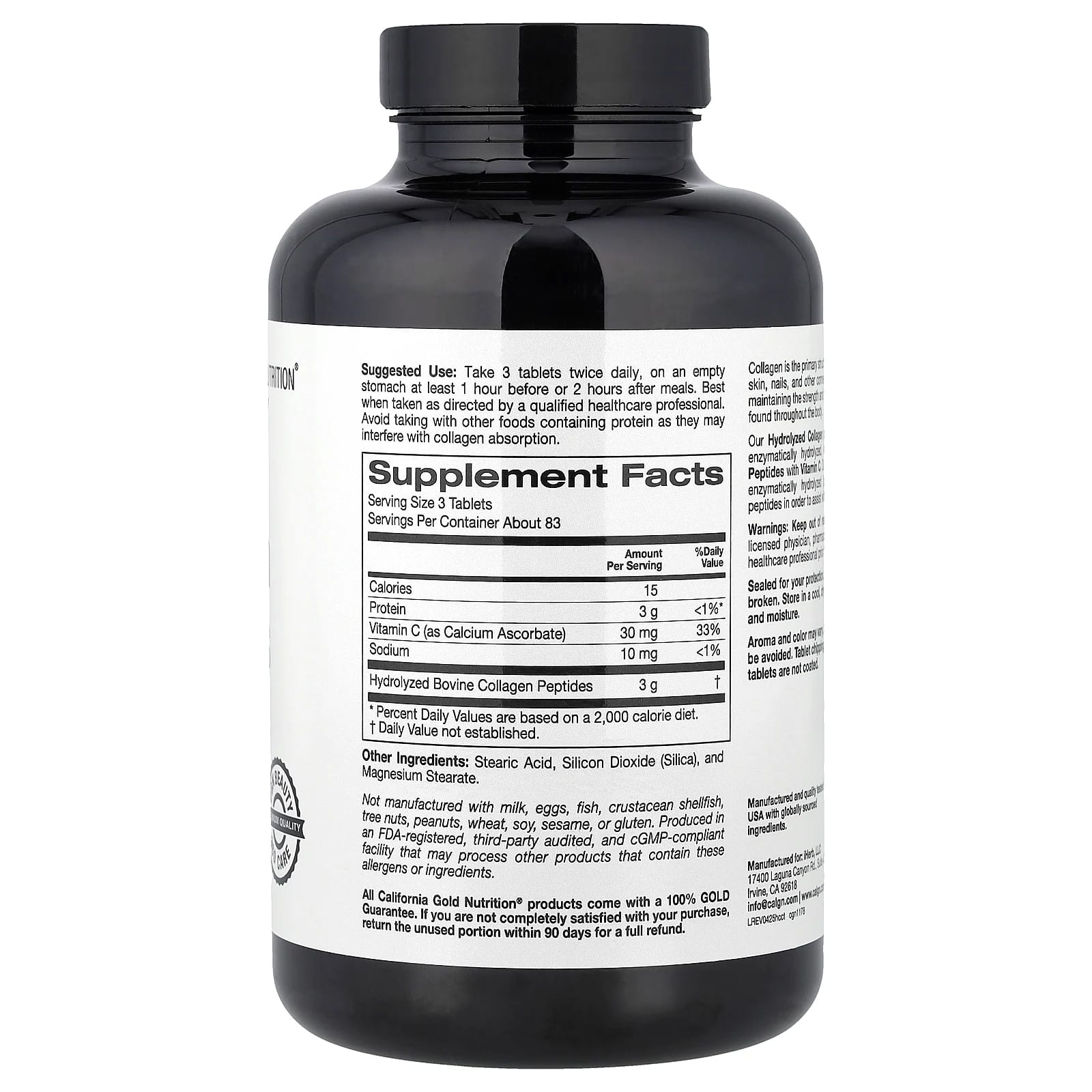 Витамин C California Gold Nutrition Hydrolyzed Collagen Peptides Type I & III and, 250 таблеток — фото 5