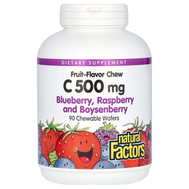 Витамин C Natural Factors Fruit-Flavor Chew Blueberry Raspberry and Boysenberry, оттенок 90 Chewable Wafers, 500 мг, жевательные добавки