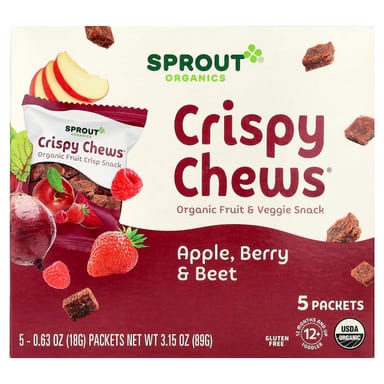Снек Sprout Organics Crispy Chews® Organic Fruit & Veggie Apple Berry & Beet 5 Packets, оттенок 12 Months, 18 г, саше
