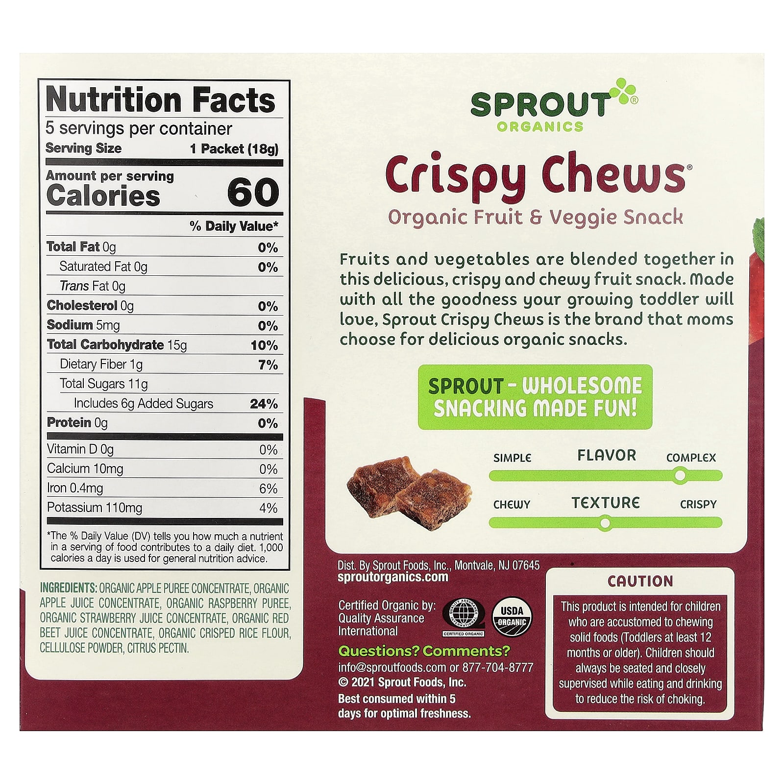 Снек Sprout Organics Crispy Chews® Organic Fruit & Veggie Apple Berry & Beet 5 Packets, оттенок 12 Months, 18 г, саше — фото 2