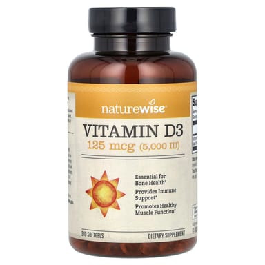 Витамин D3 NatureWise, 125 мкг (5000 МЕ), 360 мягких капсул