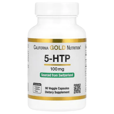 Фото товара: 5-HTP California Gold Nutrition 5-HTP Mood Support Griffonia Simplicifolia Extract from Switzerland, 100 мг, 90 растительных капсул