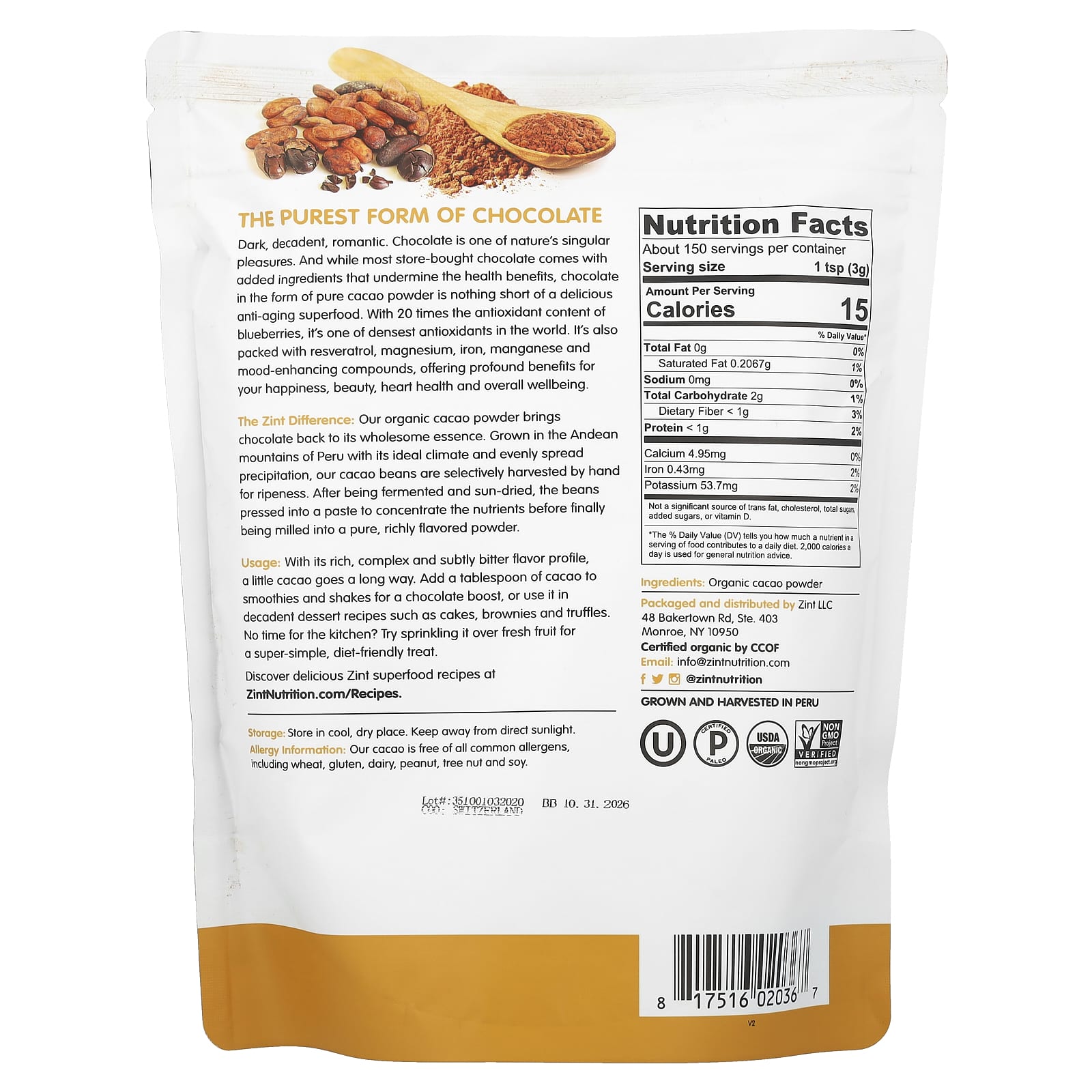 Порошок Zint Pure Organic, оттенок Cacao, 454 г — фото 2