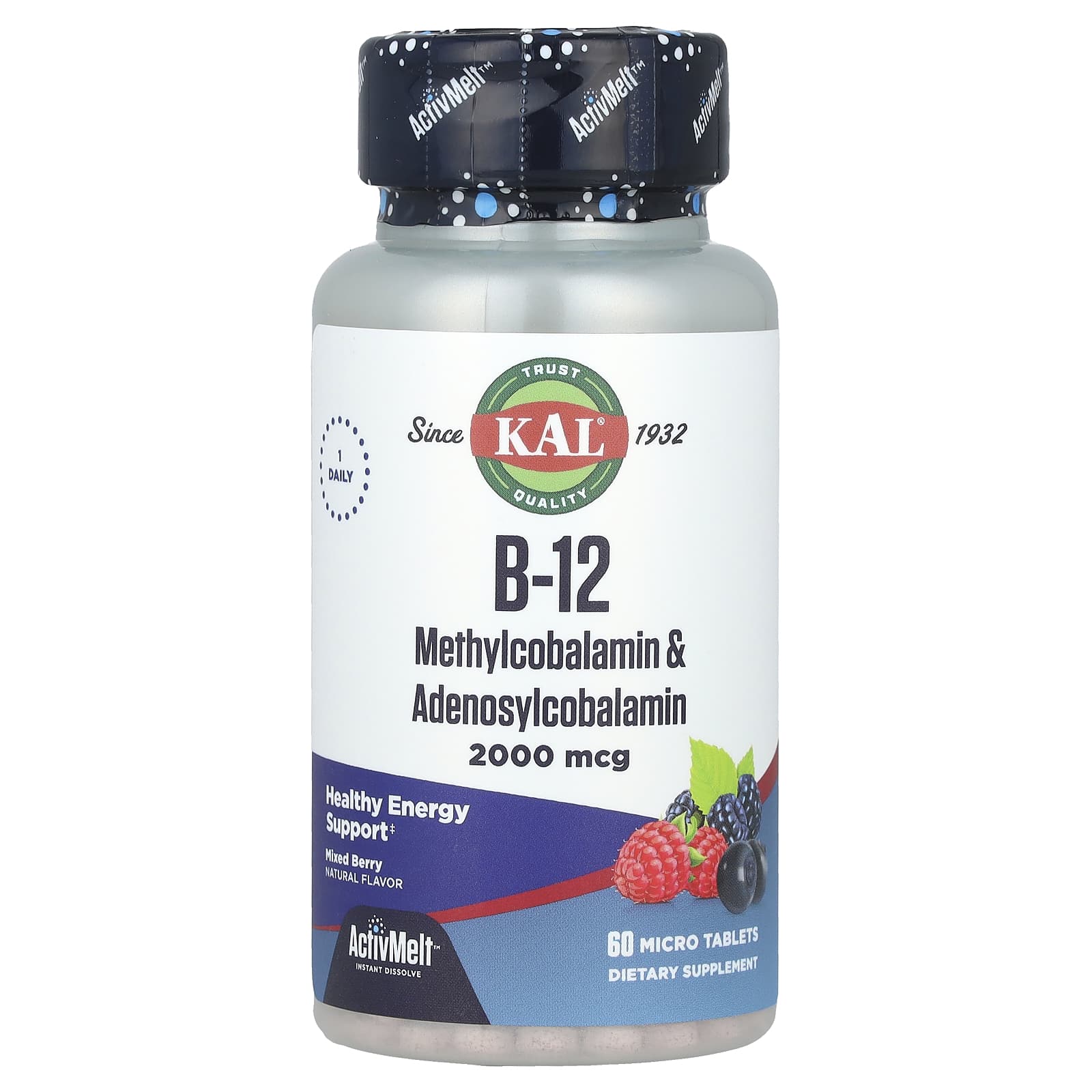 Метил B12 KAL & Adenosylcobalamin 60 Micro Tablets, вкус Mixed Berry, 2000 мкг, таблетки