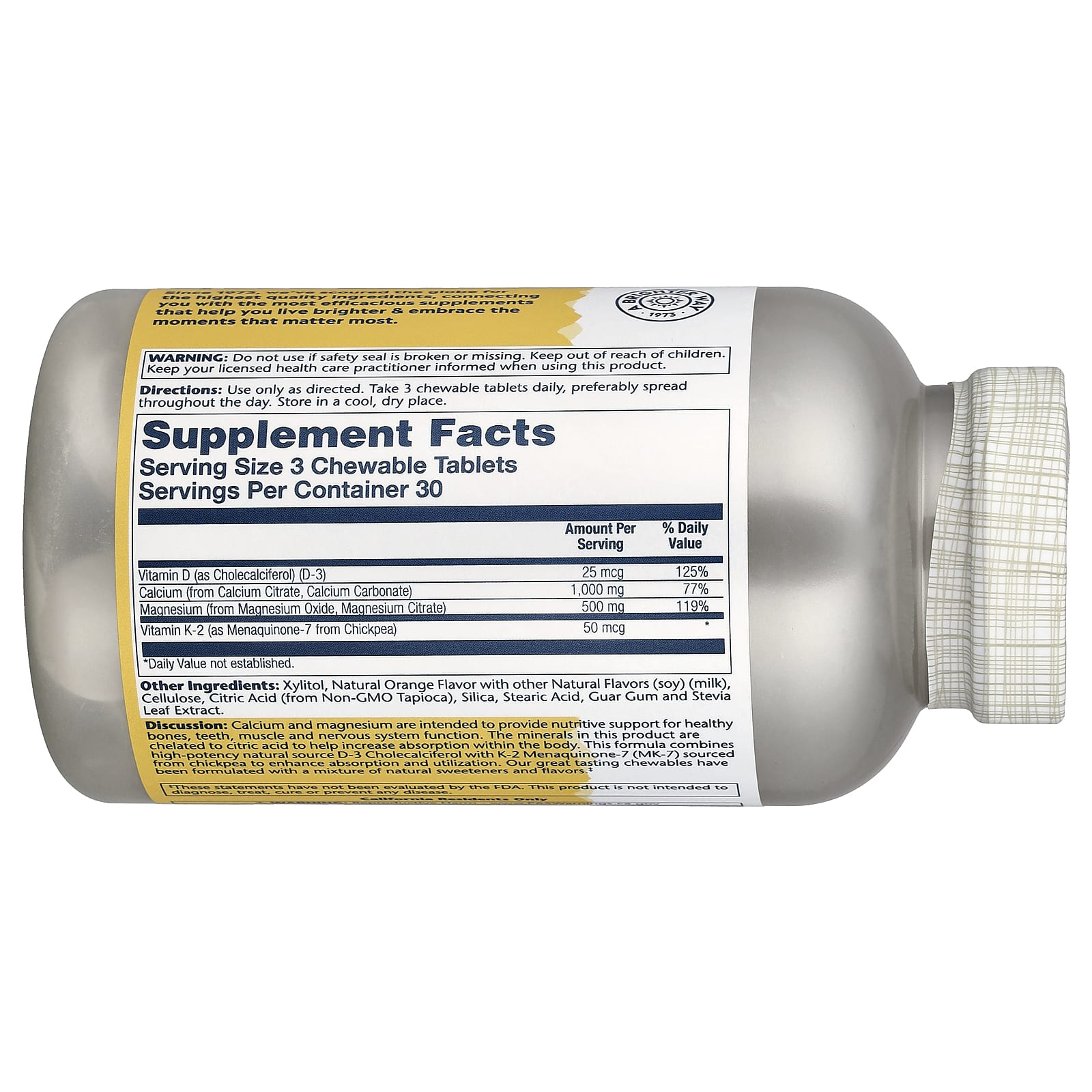 Витамин D3 Solaray Cal-Mag Citrate with & K2, вкус Natural Orange, 90 жевательных таблеток — фото 2