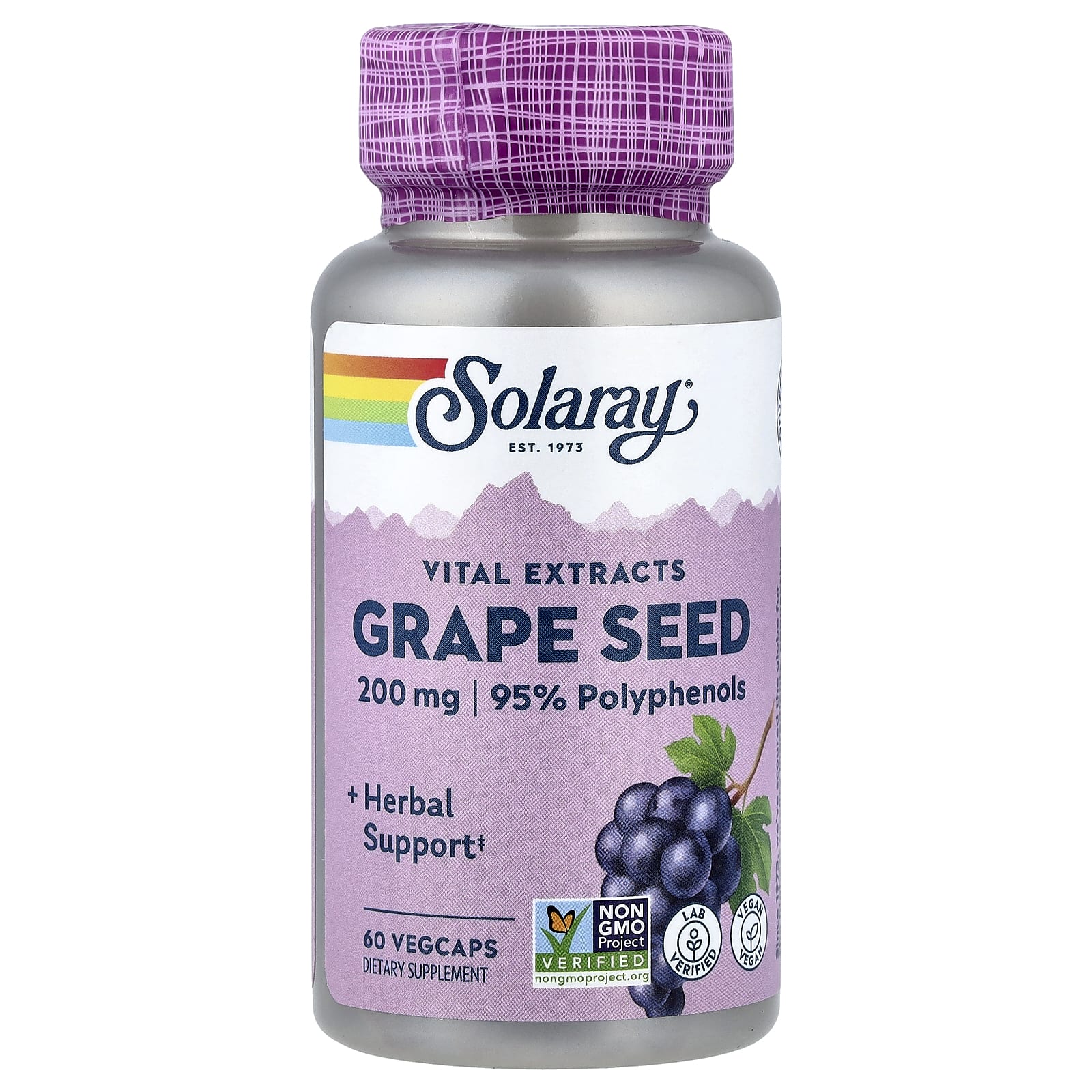 Виноградные косточки Solaray Vital Extracts, вкус Grape Seed, 60 растительных капсул