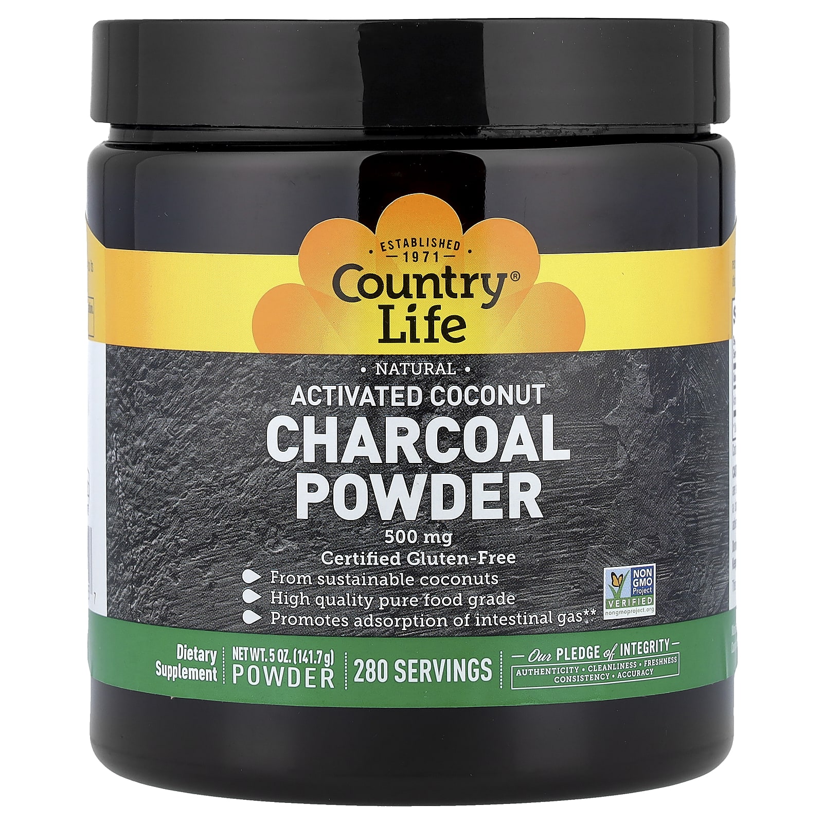 Порошок Country Life, вкус Activated Coconut Charcoal Powder, 500 мг, 141.7 г
