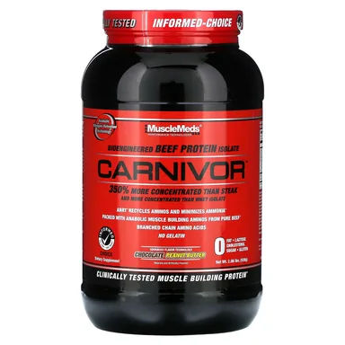 Фото товара: Арахисовая паста MuscleMeds Carnivor Bioengineered Beef Protein Isolate, вкус «шоколад и арахисовая паста», 938 г