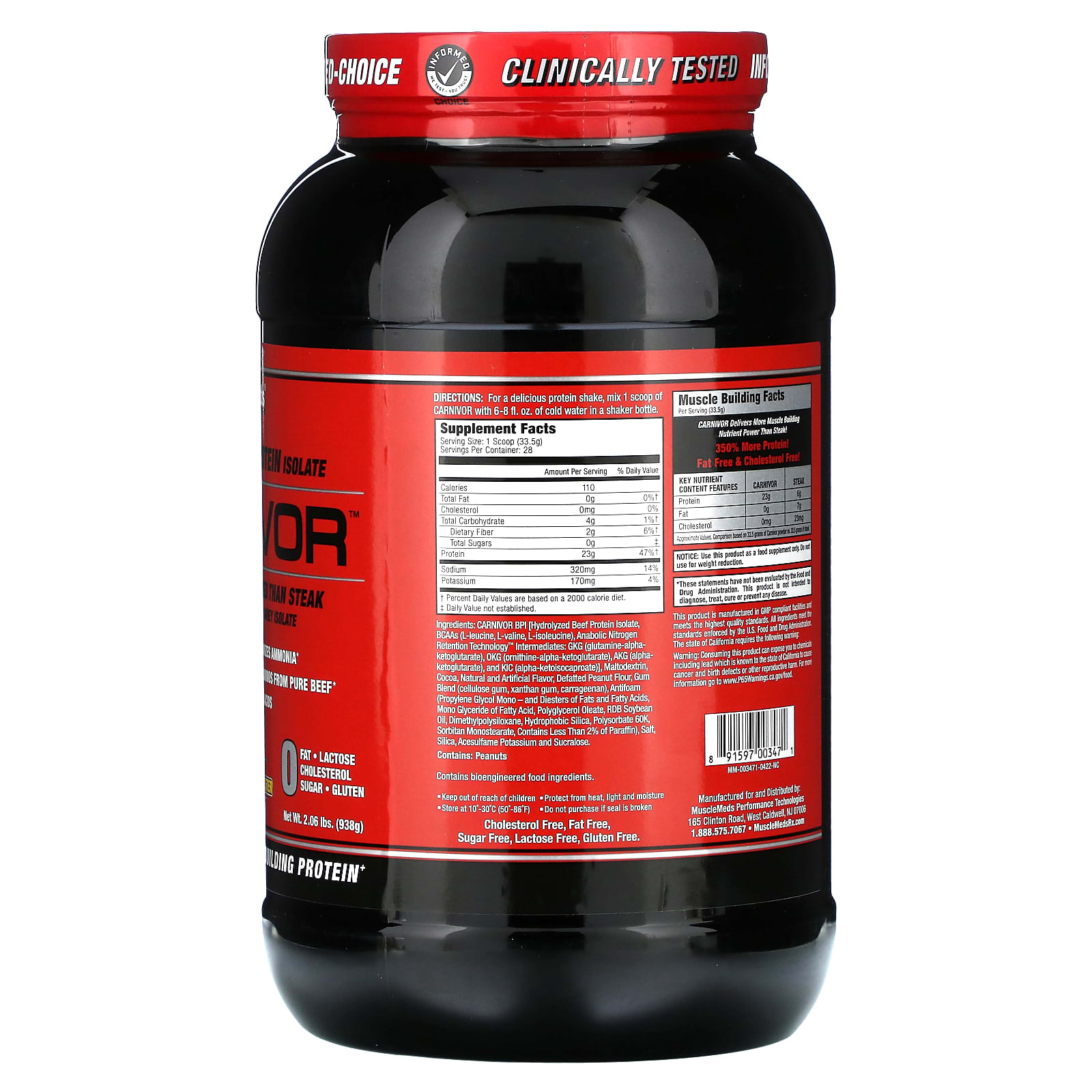 Арахисовая паста MuscleMeds Carnivor Bioengineered Beef Protein Isolate, вкус Chocolate Peanut Butter, 938 г — фото 2