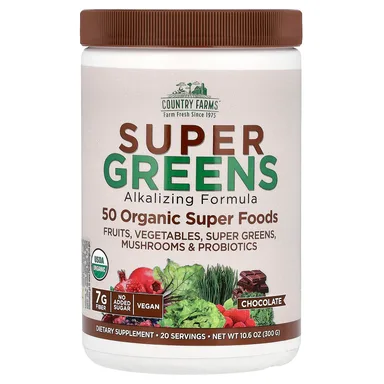 Фото товара: Шоколад Country Farms Super Greens Alkalizing Formula, вкус «шоколад», 300 г