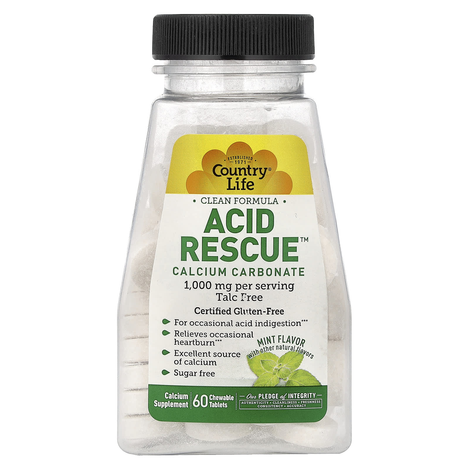 Кальций карбонат Country Life Acid Rescue™, вкус Mint, 60 жевательных таблеток