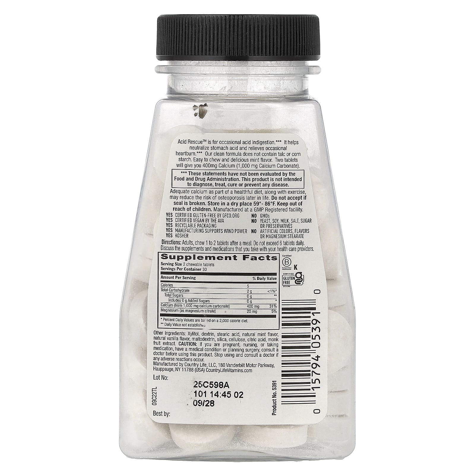 Кальций карбонат Country Life Acid Rescue™, вкус Mint, 60 жевательных таблеток — фото 2