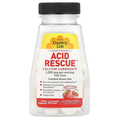 Кальций карбонат Country Life Acid Rescue, вкус Berry, 60 жевательных таблеток