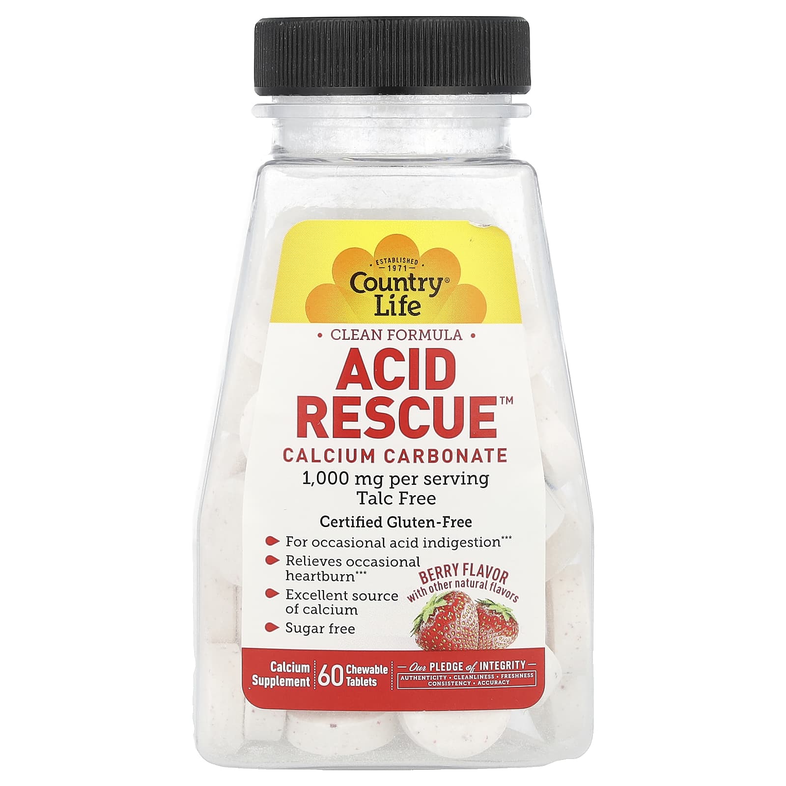 Кальций карбонат Country Life Acid Rescue, вкус Berry, 60 жевательных таблеток