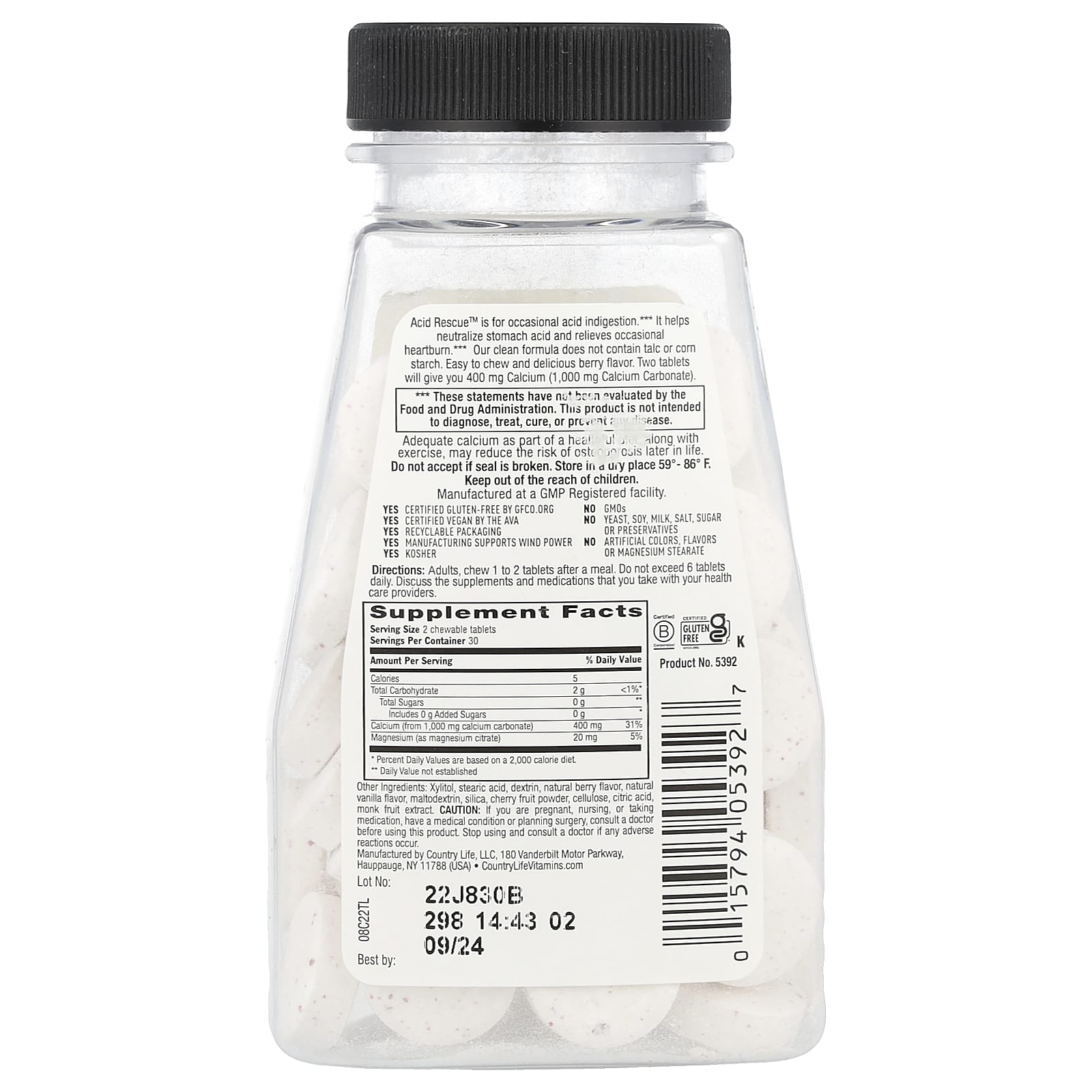 Кальций карбонат Country Life Acid Rescue, вкус Berry, 60 жевательных таблеток — фото 2