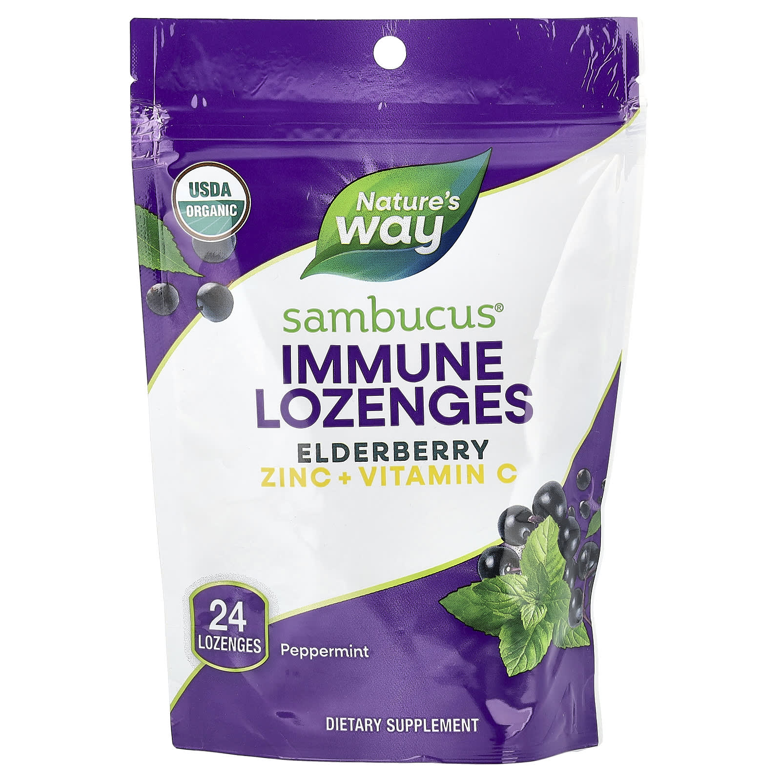 Бузина Nature's Way Sambucus® Immune Zinc Vitamin C Peppermint, вкус Elderberry Zinc Vitamin C, Peppermint, 24 пастилок