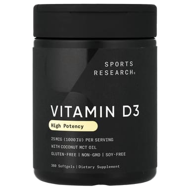 Витамин D3 Sports Research High Potency, 25 мкг (1000 МЕ), 360 мягких капсул