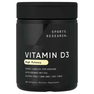 Фото товара: Витамин D3 Sports Research High Potency, 25 мкг (1000 МЕ), 360 мягких капсул