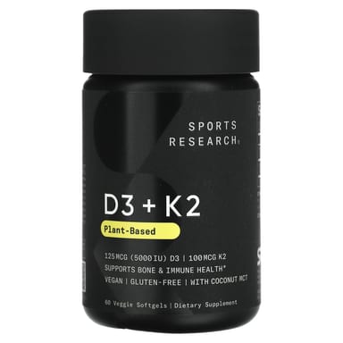Витамин D3 Sports Research K2 Plant Based 60 Veggie, 125 мкг, 100 мкг, мягкие капсулы