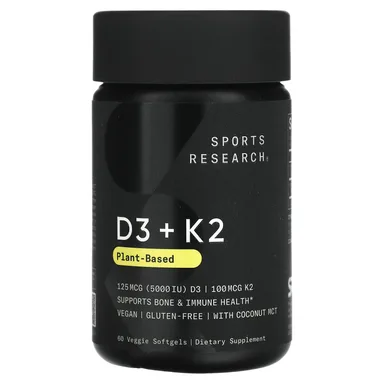 Фото товара: Витамин D3 Sports Research K2 Plant Based 60 Veggie, 125 мкг, 100 мкг, мягкие капсулы