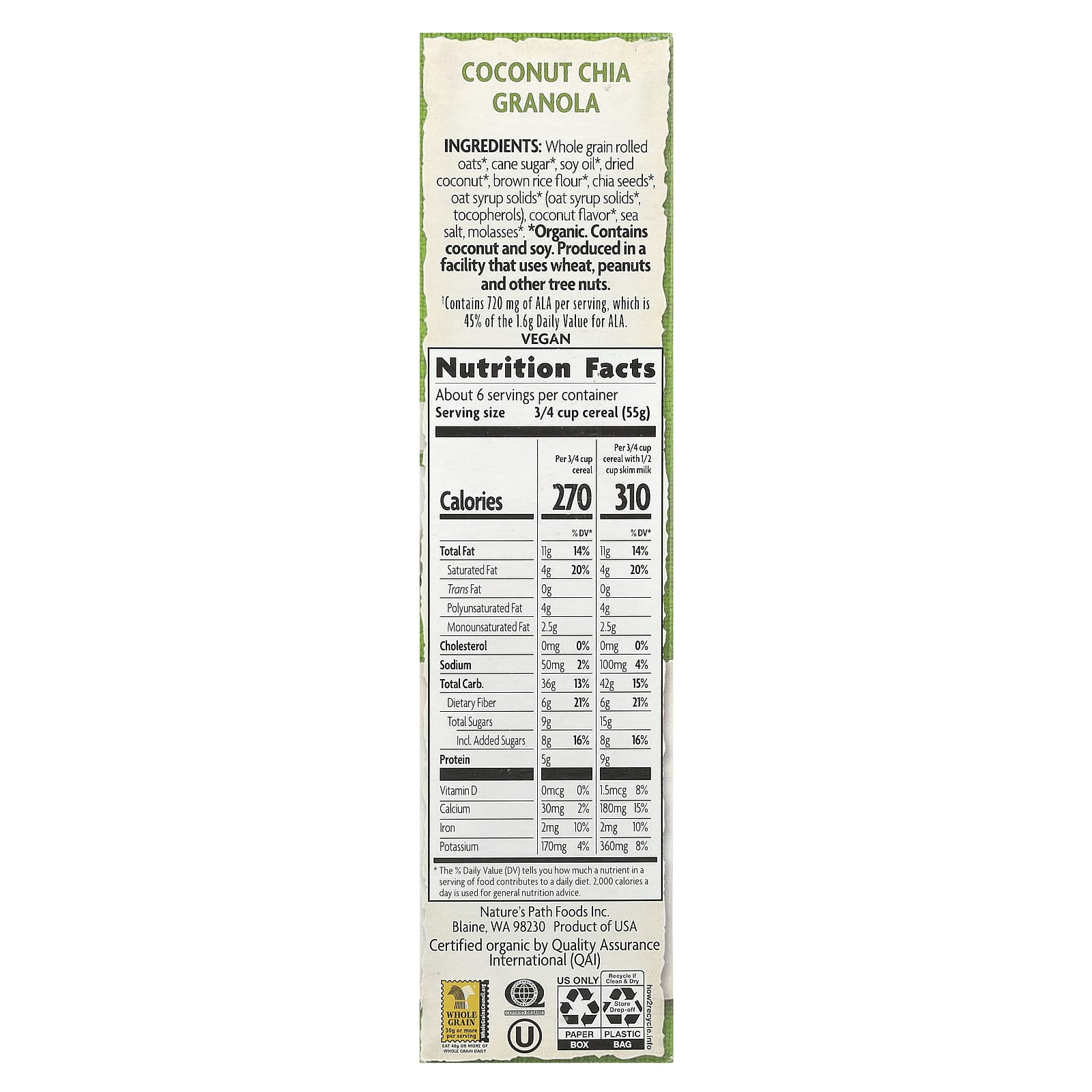 Гранола Nature's Path, вкус Organic Coconut Chia Granola Cereal, 350 г — фото 2