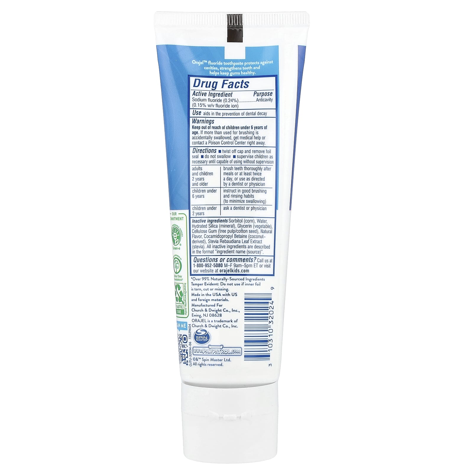 Детская зубная паста Orajel Paw Patrol™ Anticavity Fluoride Natural Fruity Bubble, оттенок 2-10 Years, 119 г — фото 2