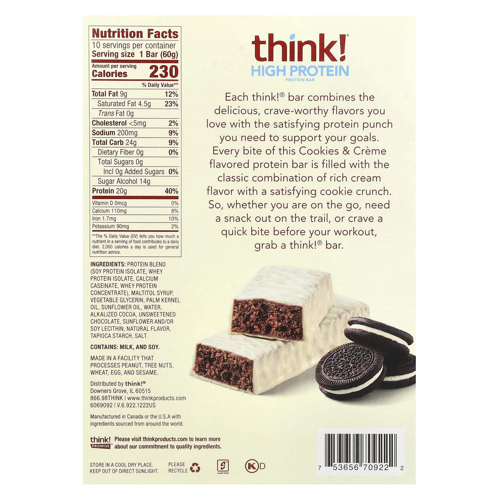 Печенье Think ! High Protein Bars & Cream, 60 г, 10 шт., батончик — фото 2