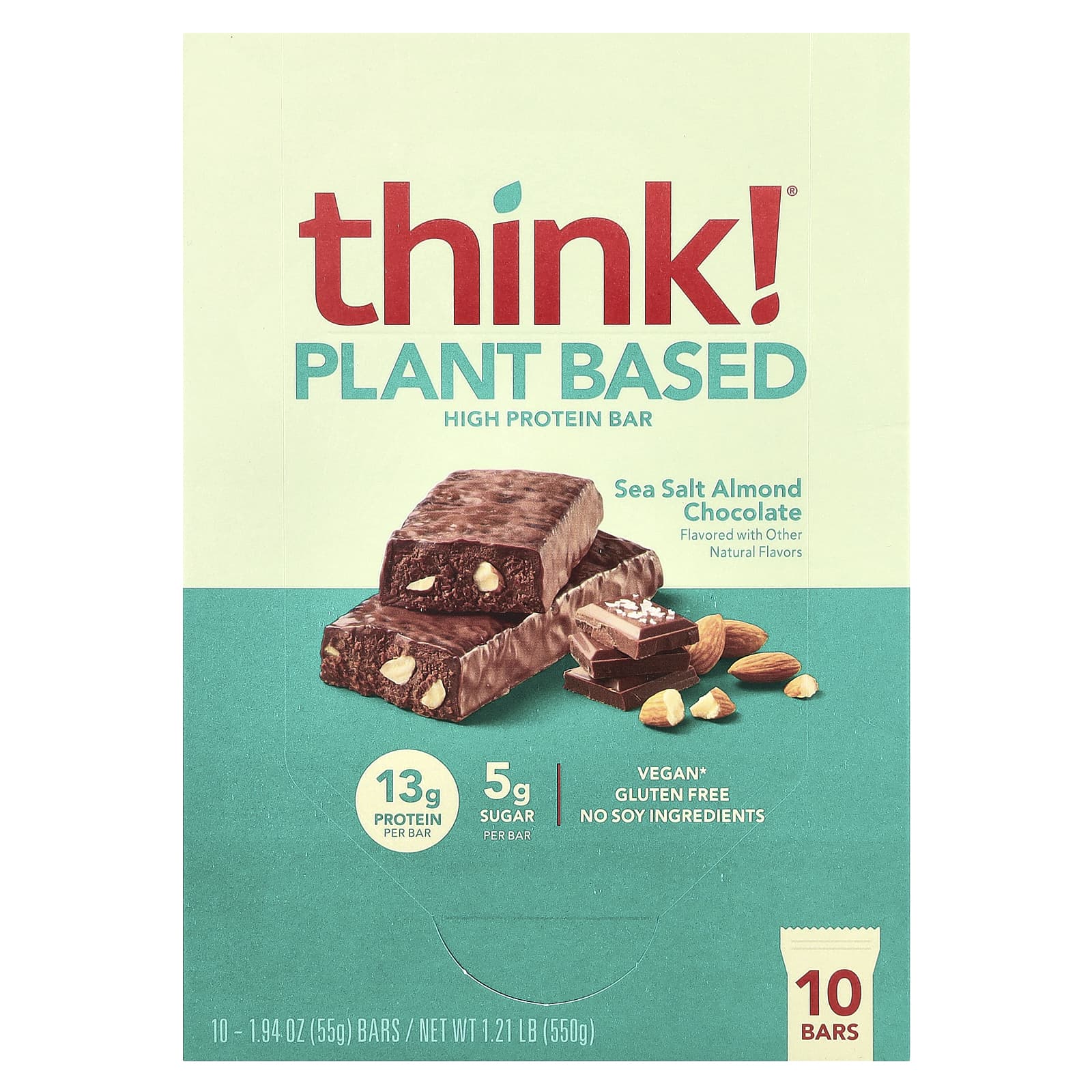 Шоколад Think ! Plant Based High Protein Bars, вкус Sea Salt Almond Chocolate, 55 г, 10 шт., батончик — фото 2
