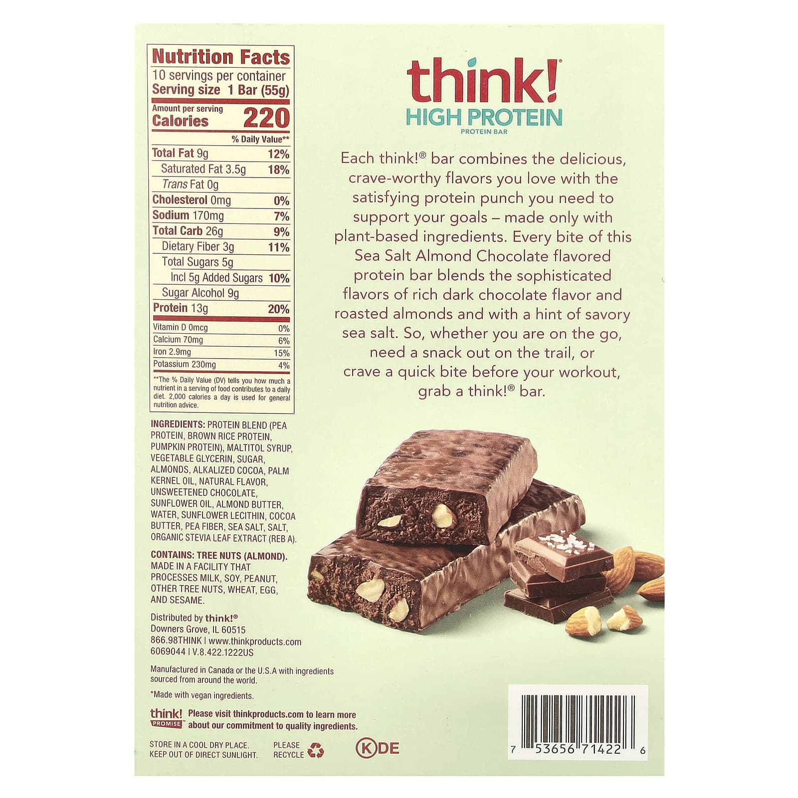 Шоколад Think ! Plant Based High Protein Bars, вкус Sea Salt Almond Chocolate, 55 г, 10 шт., батончик — фото 3