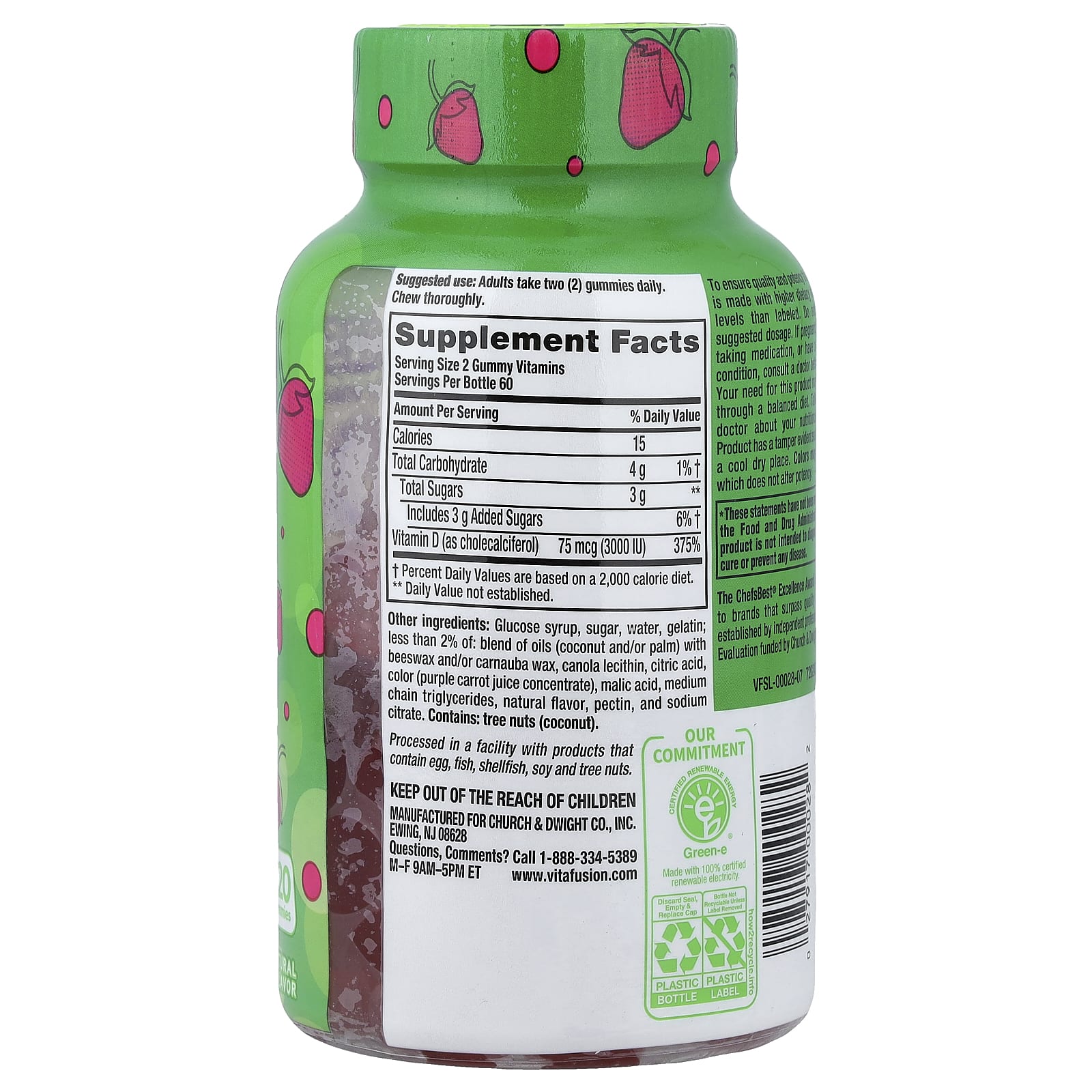 Витамин D3 VitaFusion Gummy Vitamins, вкус Natural Strawberry, 75 мкг, 37.5 мкг, 120 жевательных пастилок — фото 2